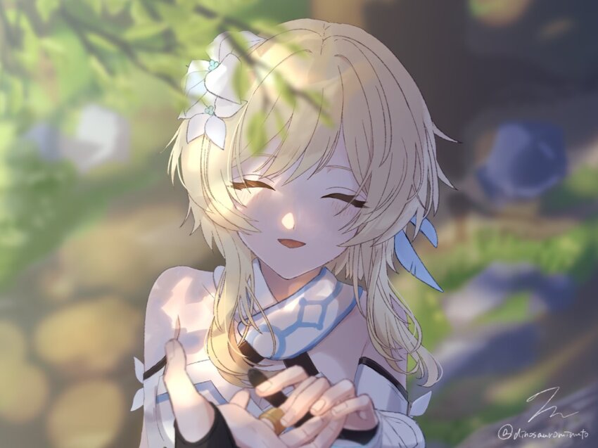 1girl aqua_flower arms_at_sides bare_shoulders blonde_hair blurry breasts cleavage closed_eyes collarbone criss-cross_halter depth_of_field detached_sleeves dinosaurominuto double-parted_bangs dress feather_hair_ornament feathers fingernails flower genshin_impact gloves gold_ring hair_between_eyes hair_flower hair_ornament halterneck imminent_hand_holding jewelry knot light_blush looking_at_viewer lumine_(genshin_impact) middle_ring multicolored_flower open_hand open_mouth partially_fingerless_gloves reaching reaching_towards_another reaching_towards_viewer ring scaramouche_(genshin_impact) scarf shade short_hair short_hair_with_long_locks sidelocks smile tree_shade triangle_mouth twitter_username wanderer_(genshin_impact) white_dress white_flower white_scarf white_sleeves