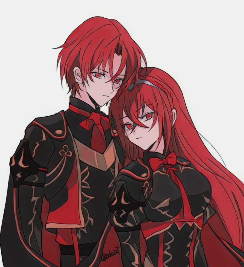 1boy 1girl cape closed_mouth crossed_bangs expressionless female_alear_(fell_dragon)_(fire_emblem) female_alear_(fire_emblem) female_alear_(red_days_past)_(fire_emblem) fire_emblem fire_emblem_engage hair_between_eyes highres long_hair looking_at_viewer male_alear_(fell_dragon)_(fire_emblem) male_alear_(fell_dragon_child)_(fire_emblem) male_alear_(fire_emblem) nintendo oda32t red_eyes red_hair short_hair simple_background tiara upper_body white_background