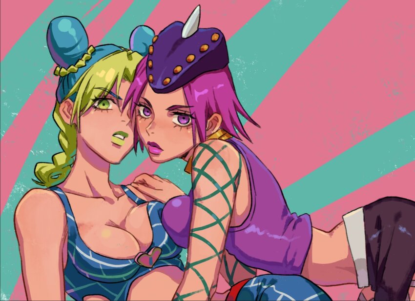 2girls braid breasts canon_genderswap cleavage crop_top double_bun female_focus genderswap genderswap_(mtf) green_hair green_lips hair_bun highres honlo jojo_no_kimyou_na_bouken kuujou_jolyne lipstick long_hair looking_at_viewer makeup medium_breasts midriff multicolored_hair multiple_girls narciso_anasui pink_hair pink_lips spider_web_print stone_ocean toned toned_female two-tone_hair yuri