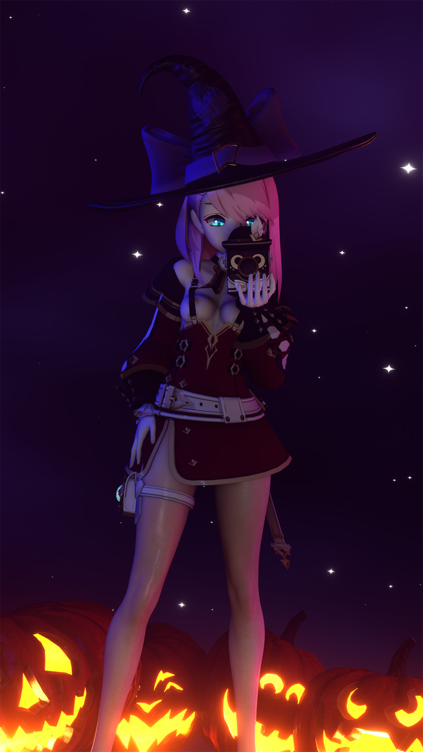 1girl 3d aqua_eyes bare_legs blender_(medium) breasts burryfuzz camera charlotte_(genshin_impact) female_focus genshin_impact glasses halloween hat highres holding holding_camera jack-o&#039;-lantern legs medium_breasts naked_suspenders night nipple_slip nipples pink_hair pumpkin suspenders witch_hat