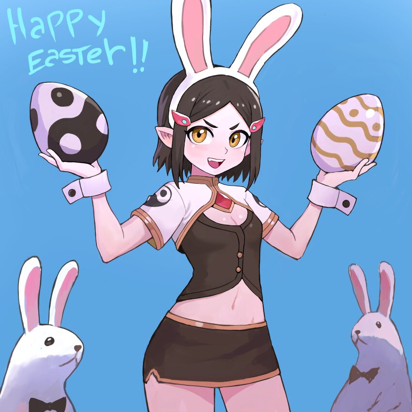 1girl :d absurdres animal_ear_hairband animal_ears black_hair black_skirt blue_background breasts commentary cowboy_shot crop_top easter_egg egg english_commentary fake_animal_ears hair_ornament hairband hairclip happy_easter highres looking_at_viewer midriff miniskirt navel open_mouth orange_eyes original parted_bangs pencil_skirt pointy_ears rabbit rabbit_ears short_hair short_sleeves simple_background skirt small_breasts smile solo watcher_hollow white_hair wrist_cuffs