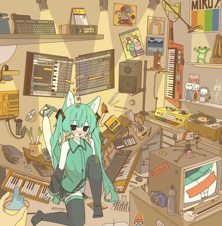 1girl 1other 39 @_@ alarm_clock animal_ear_fluff animal_ears aqua_hair aqua_trim aqua_vest bare_shoulders black_arm_warmers black_skirt black_thighhighs blue_necktie blush boyfriend_(friday_night_funkin&#039;) camera cat_ears cat_girl cat_tail cd clock collar computer_keyboard crt detached_sleeves friday_night_funkin&#039; frilled_collar frills full_body hair_between_eyes hatsune_miku headphones highres instrument kemonomimi_mode keyboard_(instrument) launchpad_(controller) long_hair looking_at_another necktie no_shoes panties parappa parappa_the_rapper phonograph pleated_skirt poster_(object) sitting skirt speaker spring_onion striped_clothes striped_panties tail thighhighs turntable twintails underwear upskirt vocaloid yagi_(mike_no_hito)