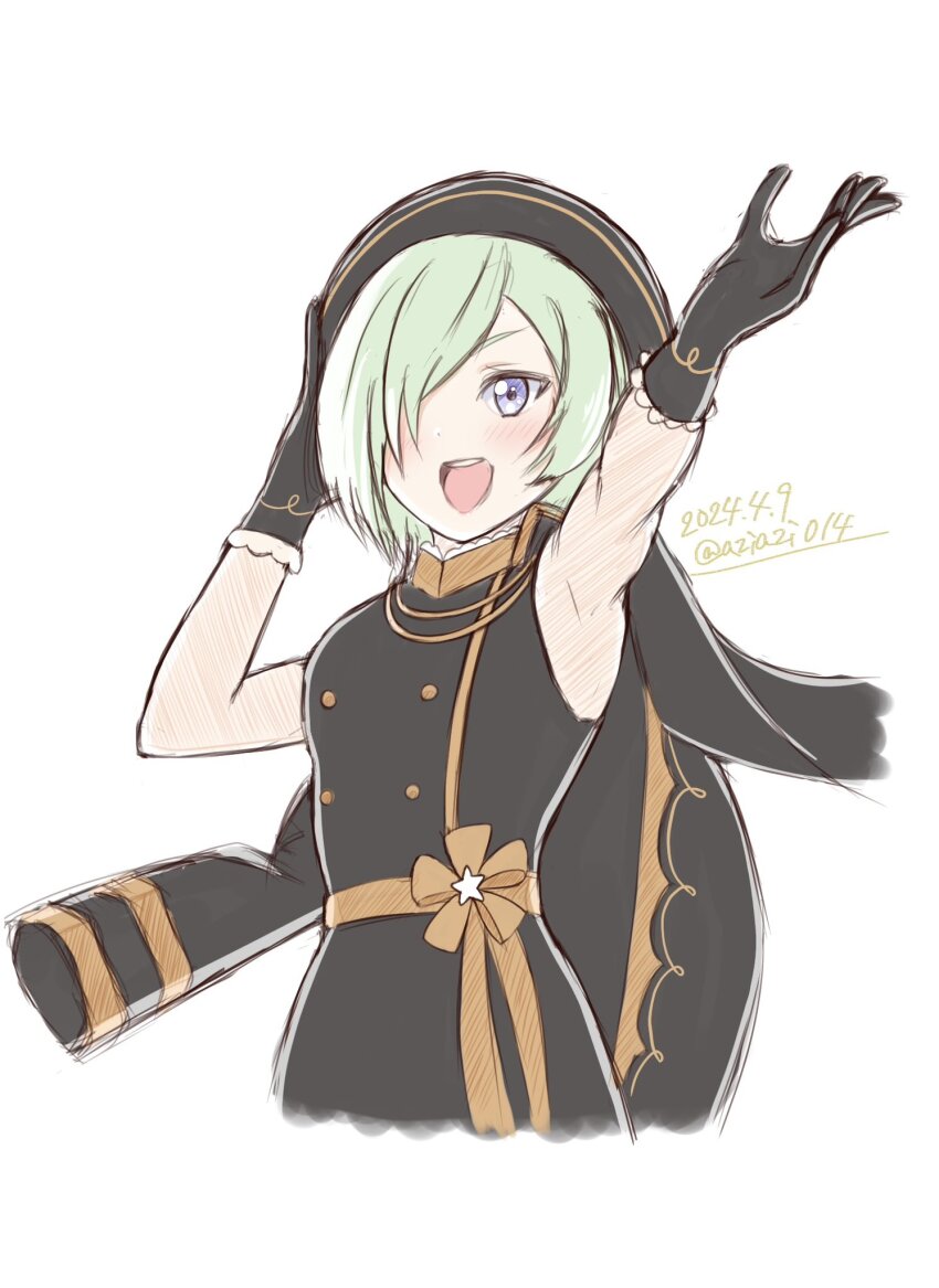 1girl arms_up aziazi014 beret black_dress black_gloves black_hat black_jacket commentary_request cropped_torso dated dress gloves hair_over_one_eye hand_on_own_head hand_up hat highres jacket jacket_on_shoulders looking_afar love_live! love_live!_nijigasaki_high_school_idol_club mia_taylor one_eye_covered open_mouth purple_eyes short_hair sleeveless sleeveless_dress solo standing stars_we_chase_(love_live!) teeth twitter_username upper_body upper_teeth_only v-shaped_eyebrows white_background