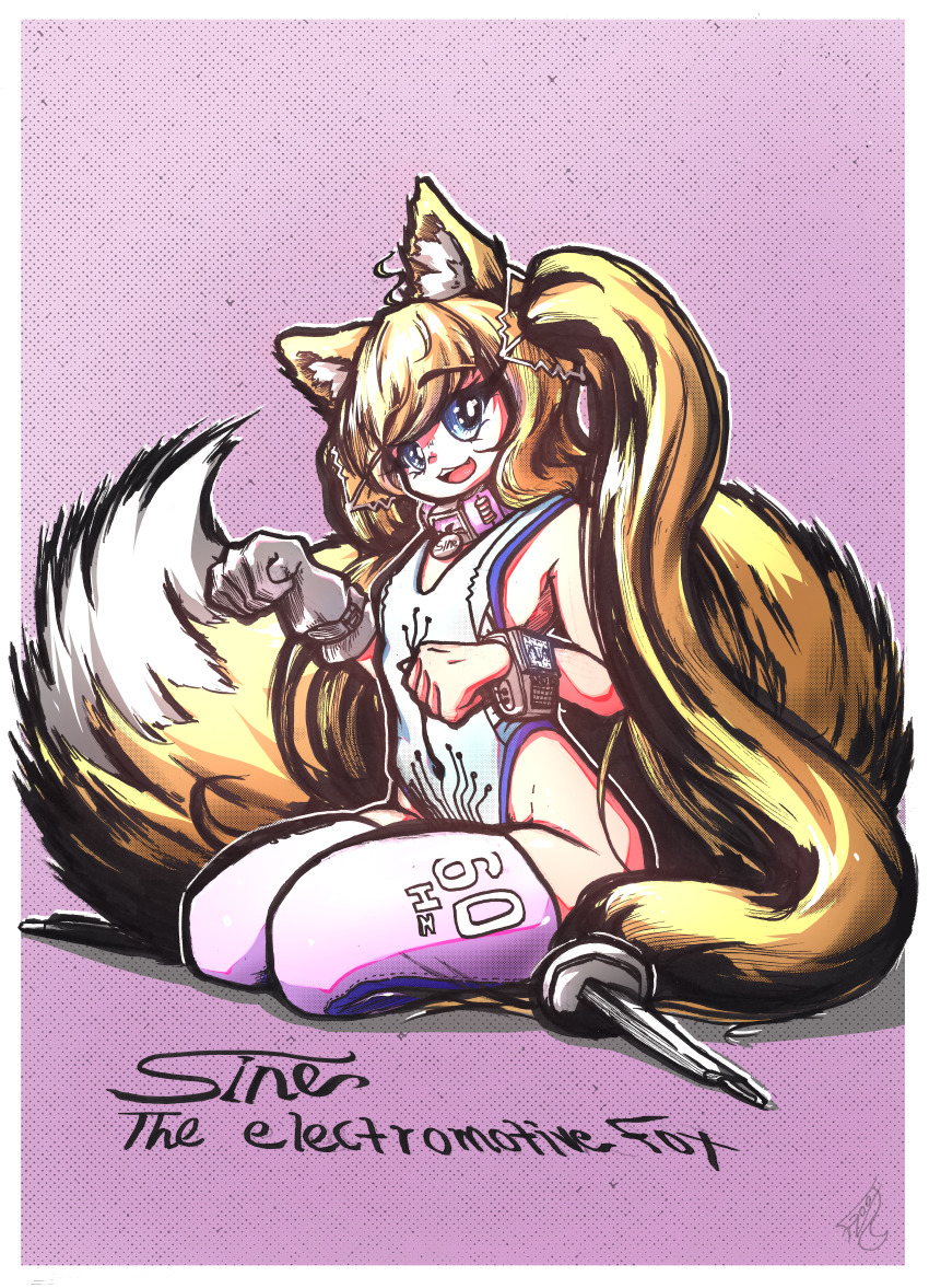 1girl absurdres animal_collar animal_ear_fluff animal_ears blonde_hair blue_eyes breasts clenched_hands collar floofsmear fox_ears fox_girl fox_tail gloves highres leotard long_hair name_tag navel open_mouth original oscilloscope resolution_mismatch self-upload simple_background sitting small_breasts smile source_smaller tail thick_thighs thighhighs thighs twintails white_gloves