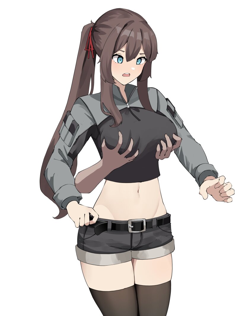 1girl absurdres black_jacket black_shorts black_thighhighs blue_eyes breasts brown_hair cropped_jacket disembodied_hand gar32 grabbing_another&#039;s_breast grey_jacket groping hair_ribbon highres jacket large_breasts long_hair multicolored_jacket navel open_mouth original ponytail ribbon sexual_harassment short_shorts shorts sidelocks termichan_(not-a-bot) thighhighs two-tone_jacket