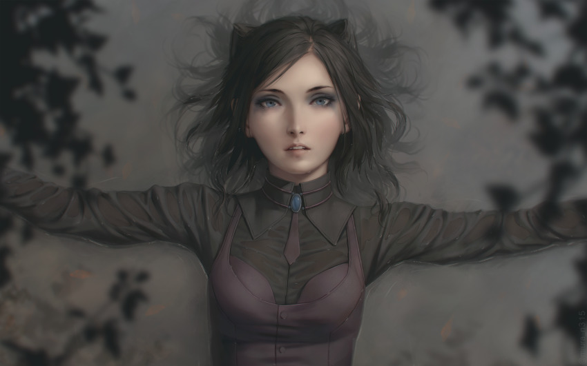 1girl black_hair black_shirt blue_eyes blurry blurry_foreground breasts brooch brown_neckwear brown_vest commentary_request depth_of_field ergo_proxy highres jewelry long_sleeves looking_at_viewer lying medium_hair miura-n315 on_back outstretched_arms parted_lips re-l_mayer realistic shirt small_breasts solo spread_arms swept_bangs vest