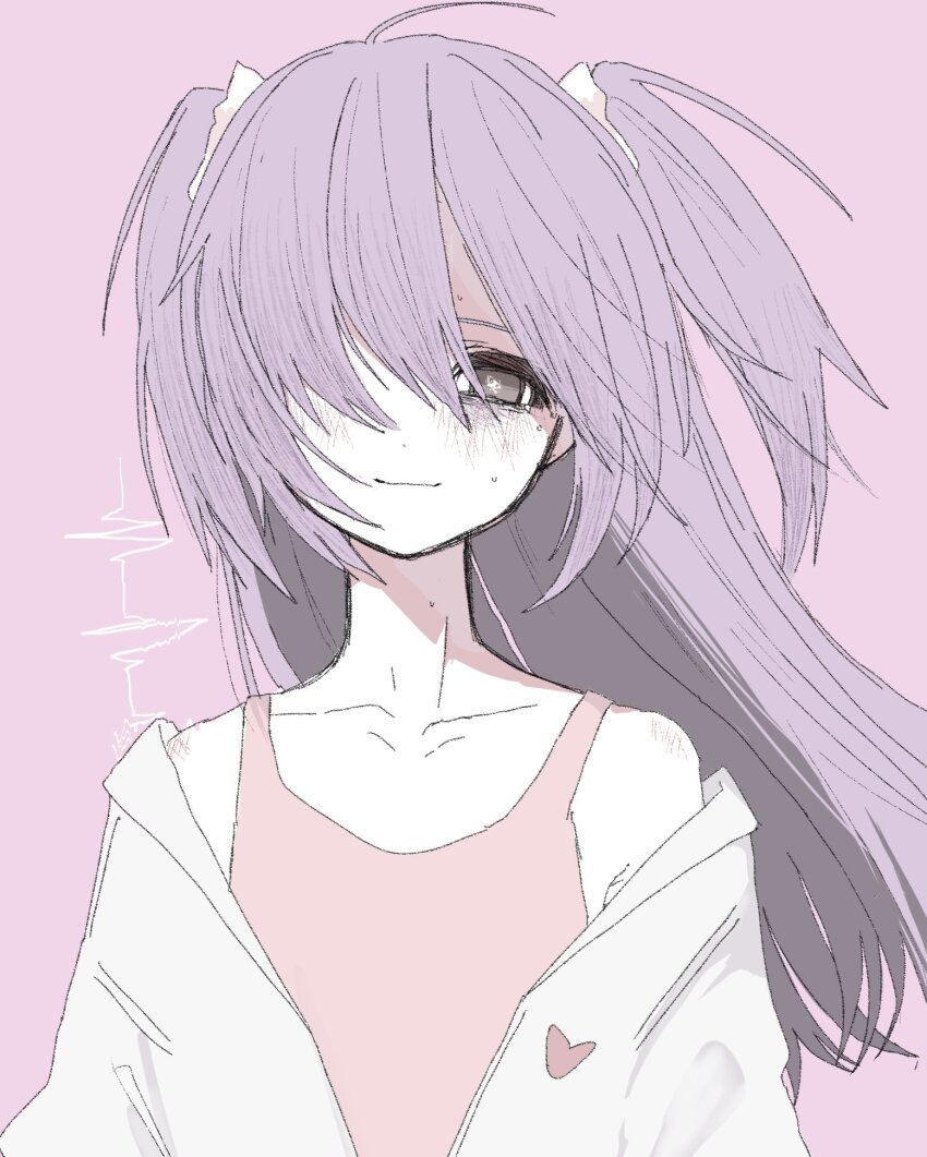 1girl bags_under_eyes closed_mouth coat collarbone false_smile grey_eyes hair_over_one_eye heart highres jacket lab_coat long_hair looking_at_viewer nemuri-chan okusuri_nonde_neyou_(vocaloid) open_clothes open_coat pink_background pink_shirt purple_hair scrunchie shaded_face shirt sleeveless sleeveless_shirt smile solo sound_wave squiggle_eyes sweat twintails upper_body utugianone vocaloid white_coat white_scrunchie