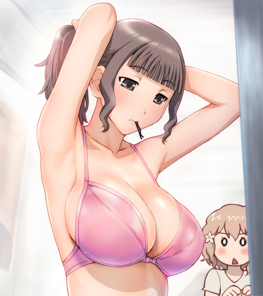 0_0 10s 2girls :&lt; adjusting_hair armpits arms_up blunt_bangs blush bra breast_envy breasts brown_eyes brown_hair cleavage flower hair_flower hair_ornament hairclip hairdressing hanasaku_iroha highres large_breasts lingerie looking_at_breasts matsumae_ohana mouth_hold multiple_girls oshimizu_nako ponytail short_hair ueyama_michirou underwear upper_body