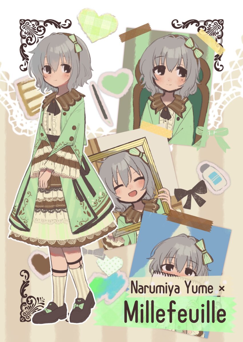 1girl black_eyes black_footwear blush book bottle chair character_name child closed_eyes closed_mouth coat custard dot_nose dress empty_picture_frame english_text food food-themed_clothes frilled_dress frills green_coat green_ribbon grey_hair hair_ornament hair_ribbon heart highres holding holding_book holding_picture_frame idolmaster idolmaster_cinderella_girls long_sleeves medium_hair mole mole_under_eye monakocoa multicolored_clothes multiple_views narumiya_yume on_chair open_mouth paintbrush pastry picture_frame ribbon sitting sketchbook smile socks standing tape wavy_hair