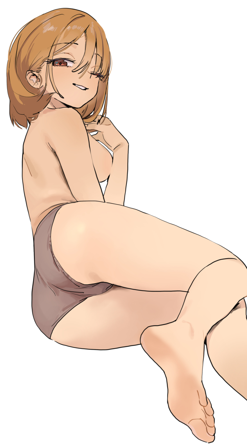 1girl ass barefoot blonde_hair brown_eyes feet highres looking_at_viewer medium_hair one_eye_closed original panties parted_lips sekoshi_(some1else45) soles some1else45 toes topless_female underwear