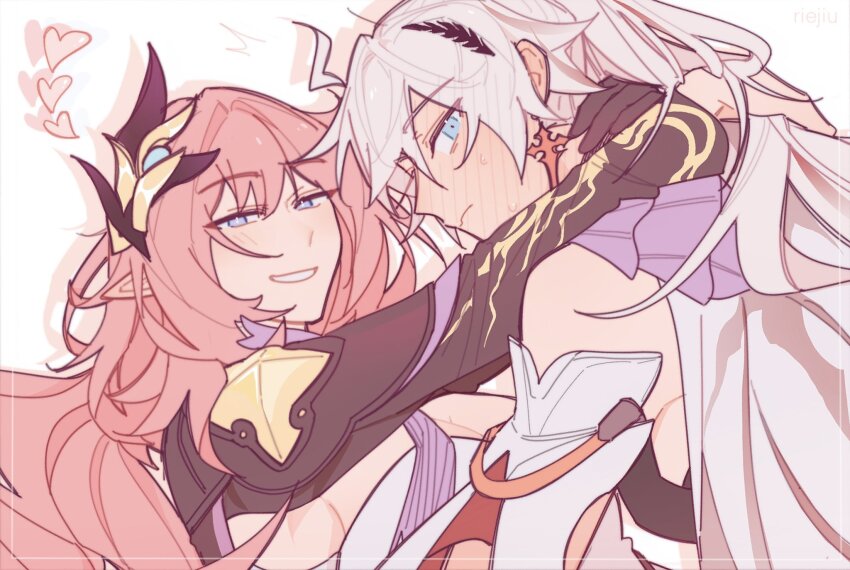 2girls black_gloves blue_eyes blush breasts cleavage corset elf elysia_(honkai_impact) elysia_(miss_pink_elf)_(honkai_impact) full-face_blush gloves hair_ornament hand_on_another&#039;s_back heart highres honkai_(series) honkai_impact_3rd kiana_kaslana kiana_kaslana_(herrscher_of_flamescion) large_breasts long_hair looking_at_viewer multiple_girls pink_hair pointy_ears riejiu simple_background single_glove smile upper_body white_background white_corset white_hair yuri