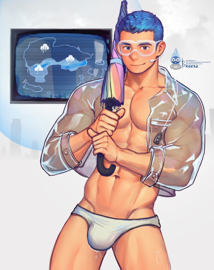 1boy abs artist_name bara bare_pectorals blue_eyes blue_hair breezem18 bulge castform castform_(rainy) closed_umbrella commentary english_commentary gen_3_pokemon highres holding holding_umbrella male_focus male_swimwear muscular muscular_male navel nintendo nipples paid_reward_available pectorals personification pokemon raincoat reference_inset see-through_clothes see-through_raincoat short_hair solo swim_briefs umbrella wet