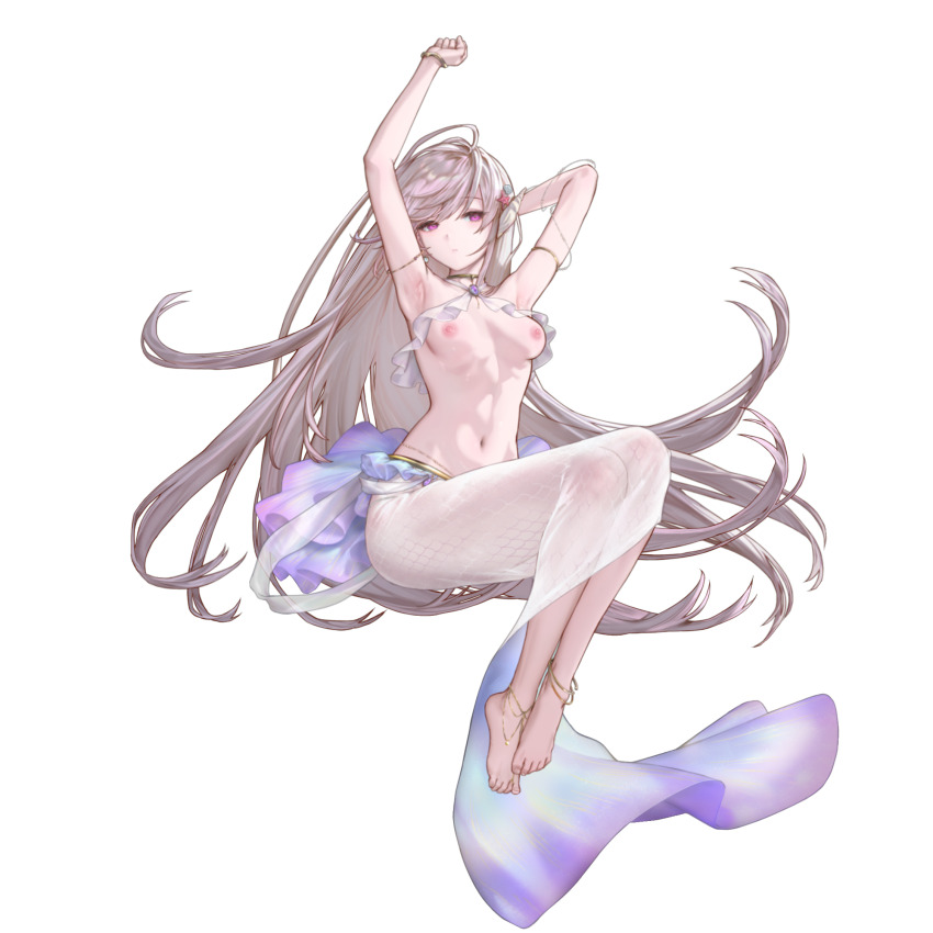 1girl armpits barefoot bikini bracelet breasts dress earrings emily_(last_origin) frilled_bikini_top frills full_body gem gold_anklet gold_armlet gold_bracelet gold_collar highres iridescent jewelry last_origin legs_together linea_alba long_dress long_hair mel_(dodosae) mermaid_costume mermaid_dress multiple_anklets navel nipples non-web_source official_alternate_costume official_art pink_hair purple_eyes purple_gemstone scale_print shell_hair_ornament simple_background sitting skirt small_breasts solo starfish_hair_ornament stretching swimsuit tachi-e transparent_background two-tone_skirt very_long_hair white_bikini white_skirt