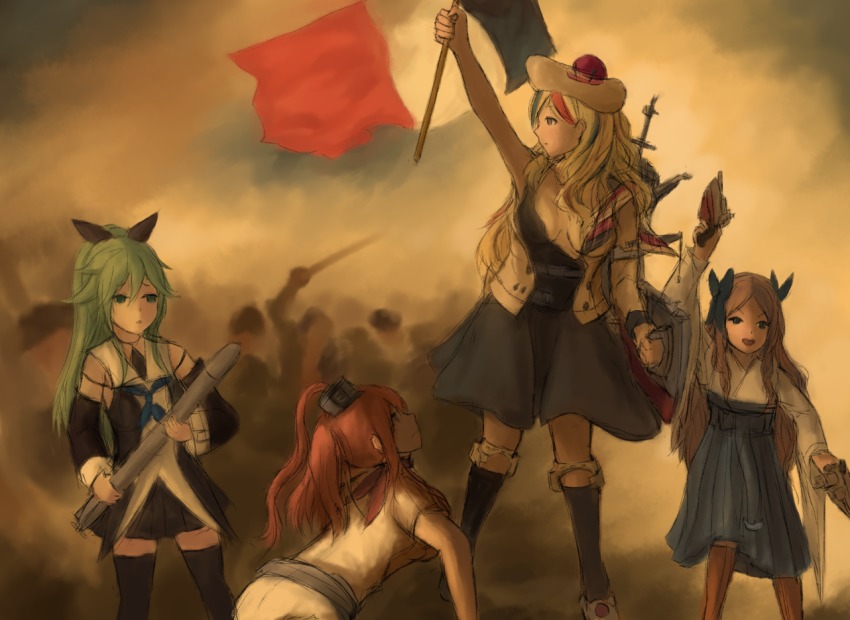 4girls age_progression asakaze_(kancolle) blonde_hair blue_hair blue_ribbon brown_hair commandant_teste_(kancolle) fine_art_parody french_flag green_hair hair_ornament high_ponytail japanese_clothes kantai_collection liberty_leading_the_people meiji_schoolgirl_uniform multicolored_hair multiple_girls onst_k parody ponytail ribbon saratoga_(kancolle) statue_of_liberty torpedo twintails weapon yamakaze_(kancolle)
