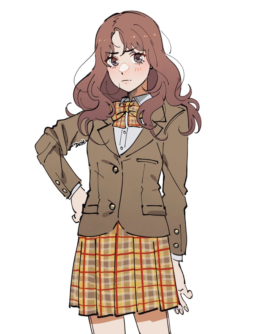 1girl blazer blue_reflection_(series) blue_reflection_tie blush bow brown_eyes brown_hair brown_jacket closed_mouth collared_shirt hand_on_own_hip highres jacket johan_(deathamaranth) looking_at_viewer miyauchi_rena plaid_bow plaid_clothes plaid_skirt pleated_skirt school_uniform shirt simple_background skirt solo white_background white_shirt yellow_bow yellow_skirt