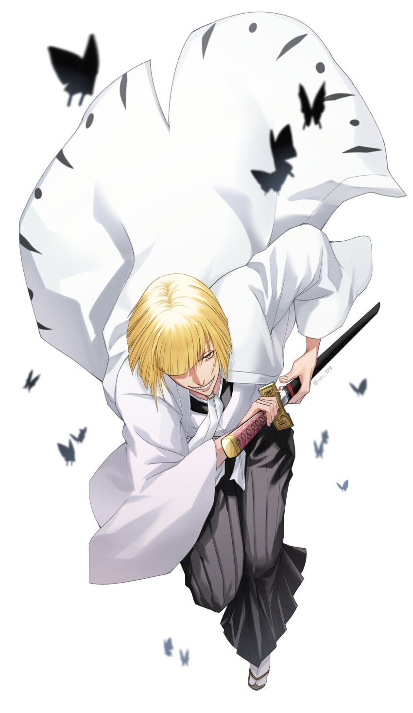 1boy absurdres black_butterfly black_hakama bleach bleach:_sennen_kessen-hen blunt_bangs blunt_ends bob_cut brown_eyes bug butterfly commentary fighting_stance floating_clothes full_body glint grin hair_over_one_eye hakama haori highres hirako_shinji holding holding_sword holding_weapon incoming_attack insect japanese_clothes katana kimono kuni_929 long_sleeves looking_at_viewer male_focus necktie one_eye_covered short_hair simple_background smile solo standing standing_on_one_leg sword tabi taichou_haori teeth upturned_eyes v-shaped_eyebrows weapon white_background white_kimono white_necktie wide_sleeves