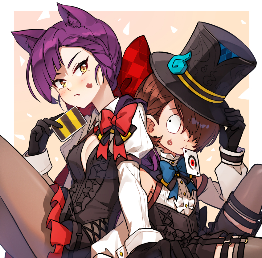 1boy 1girl animal_ears asymmetrical_bangs black_gloves black_hat black_shirt black_shorts braid breasts brown_hair brown_pantyhose card cat_ears cleavage closed_mouth dress_shirt fang fang_out gegege_no_kitarou gem gloves grey_thighhighs hair_over_one_eye hat highres holding holding_card kitarou long_sleeves miniskirt mouth_hold nekomusume nekomusume_(gegege_no_kitarou_6) pantyhose purple_hair red_gemstone red_skirt shirt short_hair short_shorts shorts shrug_(clothing) silanduqiaocui skirt small_breasts thighhighs underbust white_shirt white_sleeves wing_collar yellow_eyes