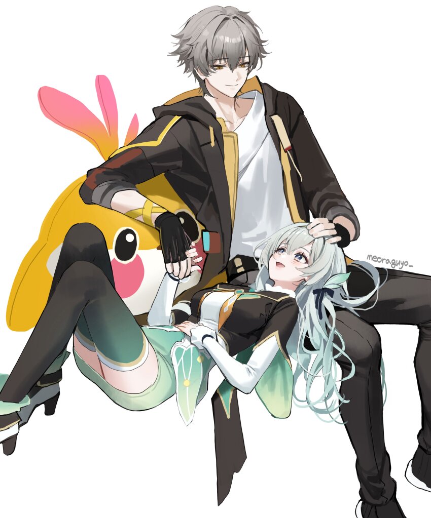1boy 1girl absurdres aqua_skirt aqua_thighhighs black_hairband blue_pupils caelus_(honkai:_star_rail) firefly_(honkai:_star_rail) grey_hair hairband highres honkai:_star_rail honkai_(series) lap_pillow meoyo multicolored_eyes simple_background skirt thighhighs trailblazer_(honkai:_star_rail) two-tone_eyes white_background