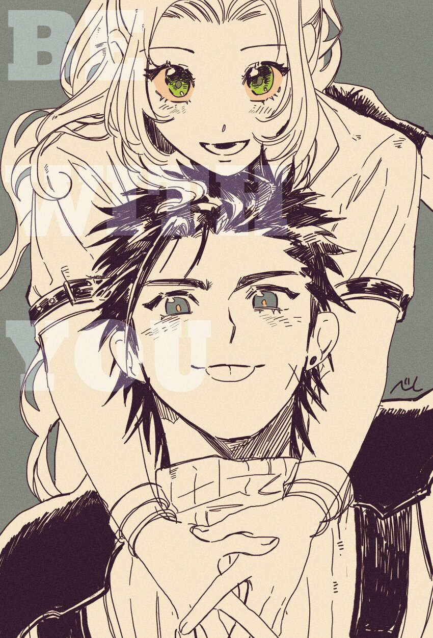 1boy 1girl absurdres aerith_gainsborough arm_up armor arms_around_neck bangle black_gloves black_hair blue_eyes bracelet commentary_request couple crisis_core_final_fantasy_vii cross_scar earrings facial_scar final_fantasy final_fantasy_vii final_fantasy_vii_remake gloves green_eyes hand_on_another&#039;s_shoulder highres hug hug_from_behind jacket jewelry light_blush long_hair looking_at_viewer monochrome nul open_mouth parted_bangs scar scar_on_cheek scar_on_face short_hair short_sleeves shoulder_armor signature single_earring sleeveless sleeveless_turtleneck smile spiked_hair spot_color stud_earrings sweater tongue tongue_out turtleneck turtleneck_sweater upper_body zack_fair