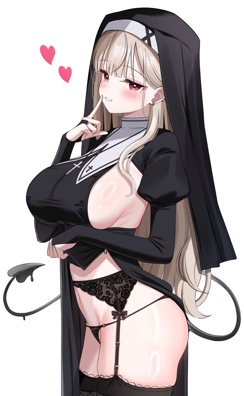 1girl absurdres ass black_dress black_garter_belt black_hat black_panties black_thighhighs blush breasts brown_hair character_request commentary copyright_request cross cross_necklace demon_tail dress earrings finger_to_mouth garter_belt hat heart heart_in_eye highres hiyayo25 jewelry juliet_sleeves lace_garter_belt large_breasts long_hair long_sleeves looking_at_viewer mole mole_under_eye navel necklace nun panties puffy_sleeves red_eyes sideboob sideboob_cutout simple_background smile solo stomach straight_hair symbol-only_commentary symbol_in_eye tail thighhighs underwear very_long_hair white_background
