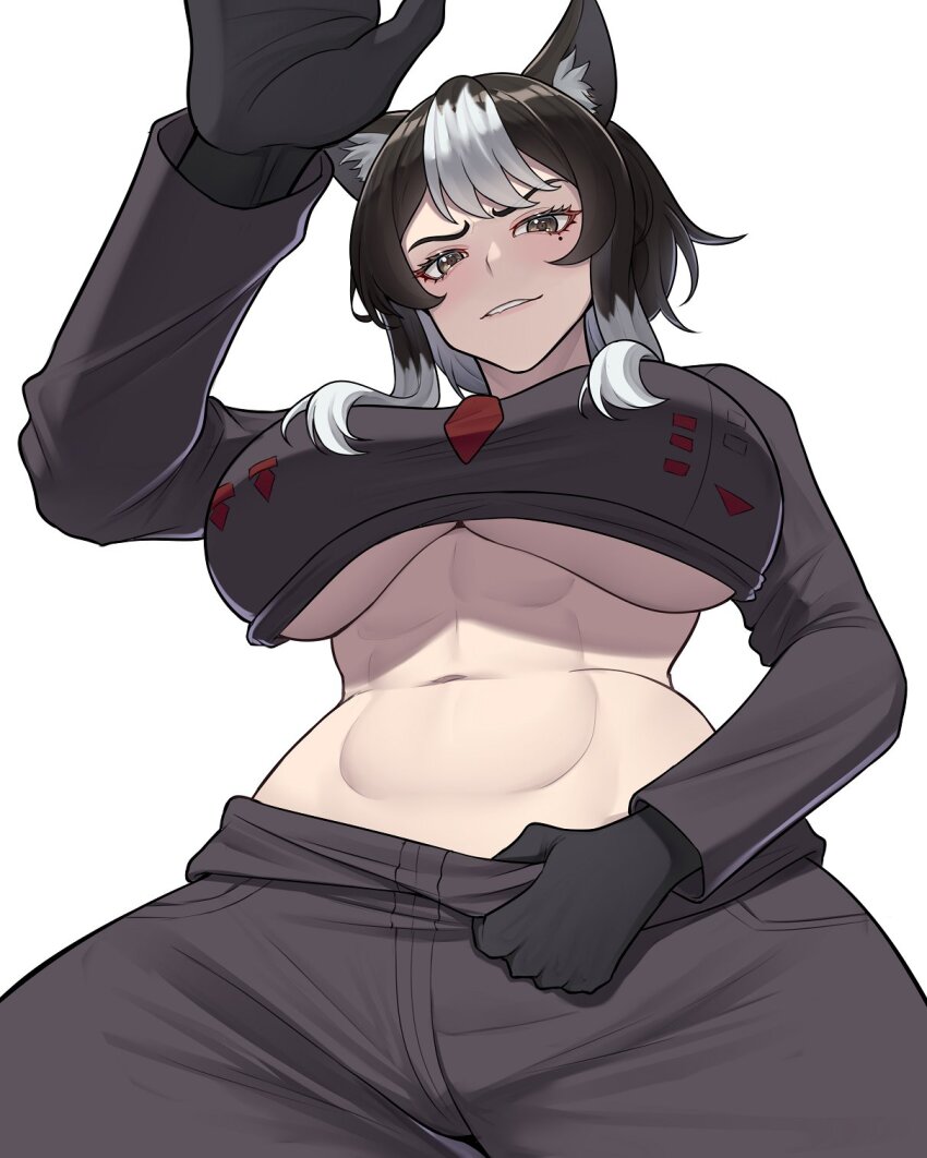 1girl animal_ear_fluff animal_ears band-width black_gloves black_hair black_pants black_shirt breasts clothes_lift commission gloves grey_eyes highres incoming_headpat large_breasts long_sleeves midriff mole mole_under_eye multicolored_hair navel necktie original pants red_necktie shirt shirt_lift short_hair_with_long_locks solo two-tone_hair white_hair