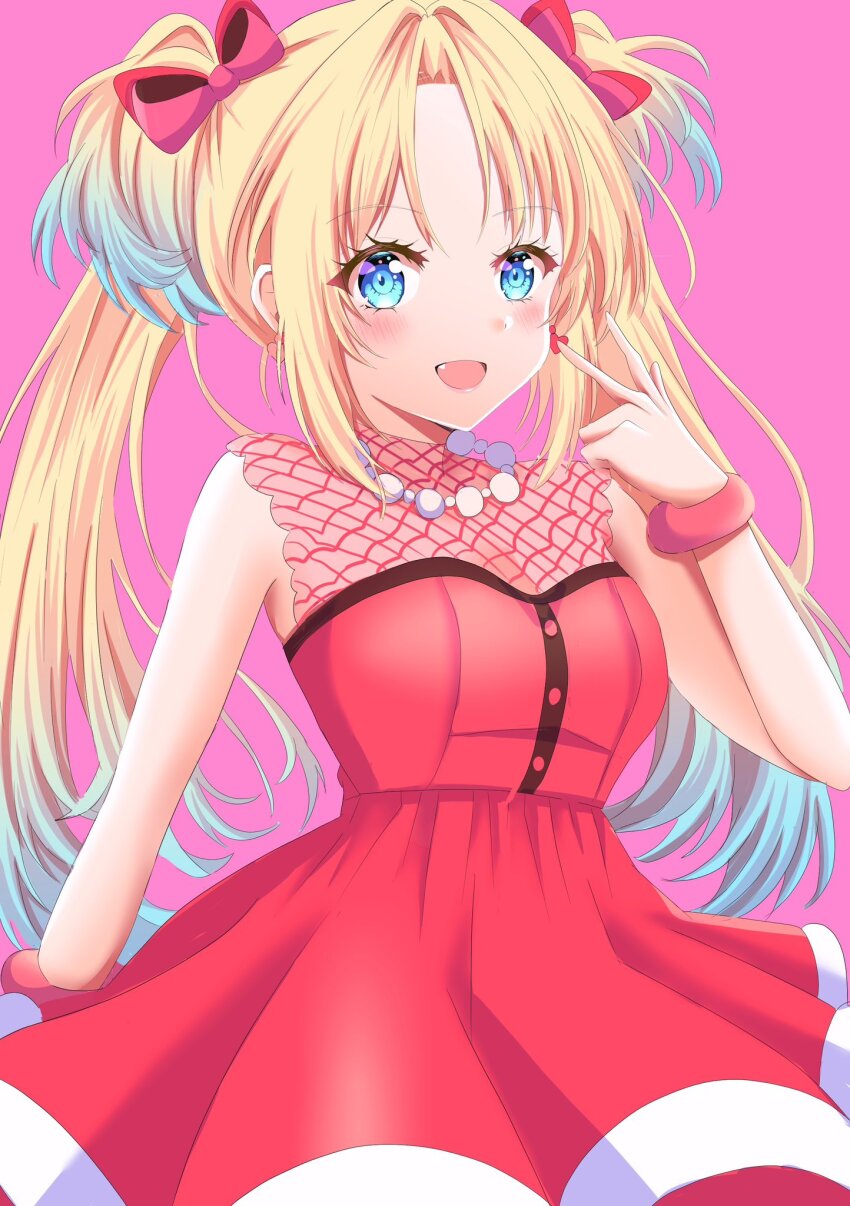 1girl :d armpit_crease blonde_hair blue_eyes blue_hair blush bow bracelet breasts cleavage commentary do!_do!_do!_(love_live!) dress fang gradient_hair hair_bow highres jewelry light_blue_hair link!_like!_love_live! long_hair looking_at_viewer love_live! maymaru medium_breasts multicolored_hair official_alternate_costume open_mouth osawa_rurino parted_bangs pink_background red_bow red_dress simple_background sleeveless sleeveless_dress smile solo twintails v virtual_youtuber
