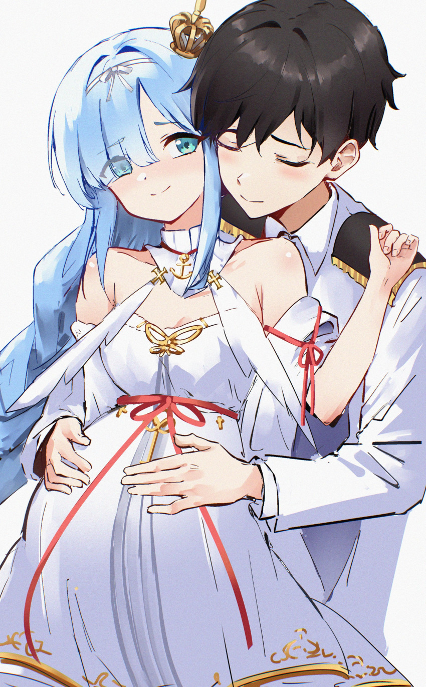 1boy 1girl absurdres azur_lane blue_hair brown_hair dress highres janus_(azur_lane) pregnant white_dress