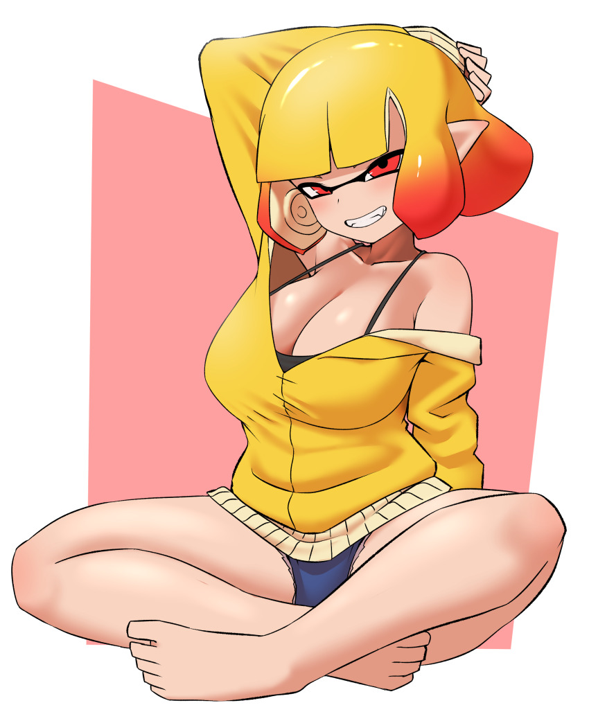 1girl absurdres arm_behind_head arm_up barefoot blonde_hair blush breasts cleavage collarbone crossed_legs feet female_focus full_body gradient_hair half-closed_eyes highres inkling inkling_girl inkling_player_character jacket large_breasts long_sleeves looking_at_viewer multicolored_hair nintendo orange_hair parted_lips pero_(pero7762) pointy_ears red_eyes sitting smile solo splatoon_(series) suction_cups teeth toes two-tone_hair yellow_jacket