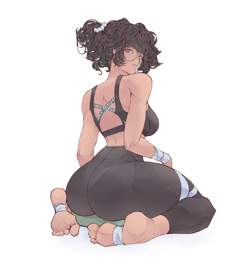 1girl absurdres ass bandaged_arm bandages bare_shoulders barefoot black_hair black_pants black_sports_bra breasts commentary elliemaplefox english_commentary from_side full_body glasses hair_ornament hair_scrunchie highres large_breasts looking_at_viewer looking_back on_pillow original pants parted_lips purple_eyes scrunchie short_hair simple_background sitting solo sports_bra thick_thighs thighs toes toned toned_female white_background white_scrunchie