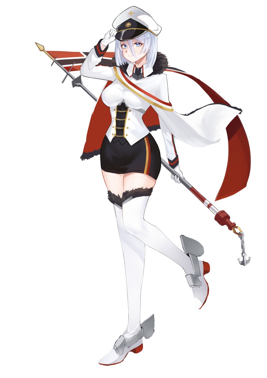 1girl absurdres adjusting_clothes adjusting_headwear azur_lane blue_eyes boots breasts cape commission flag full_body fur-trimmed_cape fur_collar fur_trim gloves hair_between_eyes hat highres holding holding_flag leg_up looking_at_viewer medium_breasts miii_(zikuyuu) military military_hat military_uniform peaked_cap short_hair smile solo standing thigh_boots tirpitz_(azur_lane) vgen_commission white_boots white_gloves white_hat