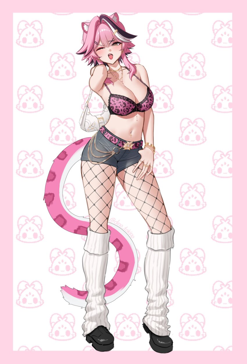 1girl absurdres alternate_costume animal_ears animal_print bare_shoulders belt black_pantyhose black_shoes black_shorts blush border bra bracelet breasts chattino_(raora_panthera) cleavage collarbone commentary cross_piercing dino_tokino earrings fish_skeleton_hair_ornament fishnet_pantyhose fishnets hair_intakes hair_ornament hairclip highres hololive hololive_english jewelry large_breasts leg_warmers leopard_print leopard_print_bra looking_at_viewer medium_hair multicolored_hair multiple_rings navel navel_piercing necklace one_eye_closed open_mouth panther_ears panther_girl panther_tail pantyhose piercing pink_belt pink_border pink_bra pink_hair pink_lips print_bra raora_panthera ring shoes shorts solo stomach streaked_hair tail teeth thighs twitter_username underwear upper_teeth_only virtual_youtuber white_background white_bag white_hair white_leg_warmers yellow_eyes
