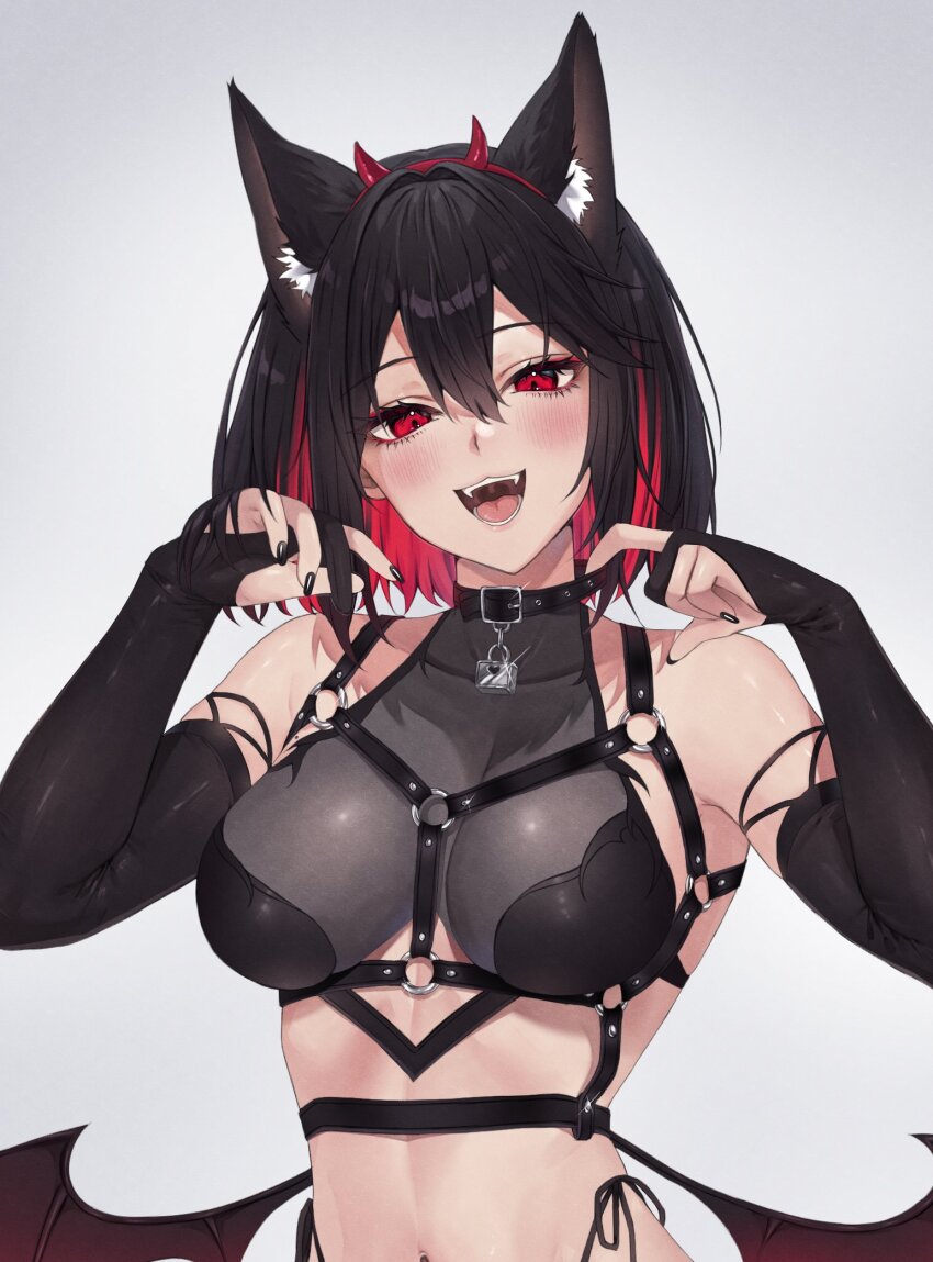 1girl akame_(vtuber) animal_ears black_hair blush bodysuit breasts detached_sleeves fake_horns fangs fingerless_gloves fingernails gloves groping_motion highres horns indie_virtual_youtuber large_breasts lock multicolored_hair nails navel o-ring open_mouth padlock red_eyes red_hair see-through_bodysuit see-through_clothes sharp_fingernails smile two-tone_hair virtual_youtuber vitaminechan white_background