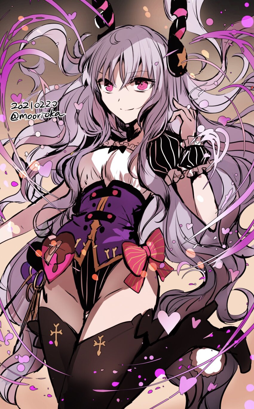 1girl black_boots boots bow breasts brown_thighhighs caren_hortensia caren_hortensia_(amor_caren) caren_hortensia_(amor_caren)_(third_ascension) corset fate/grand_order fate_(series) frills hair_ornament high_heel_boots high_heels highleg highleg_leotard highres knee_boots leotard long_hair looking_at_viewer medium_breasts pink_bow pink_eyes puffy_short_sleeves puffy_sleeves rioka_(southern_blue_sky) short_sleeves solo thighhighs thighs very_long_hair wavy_hair white_hair wrist_cuffs