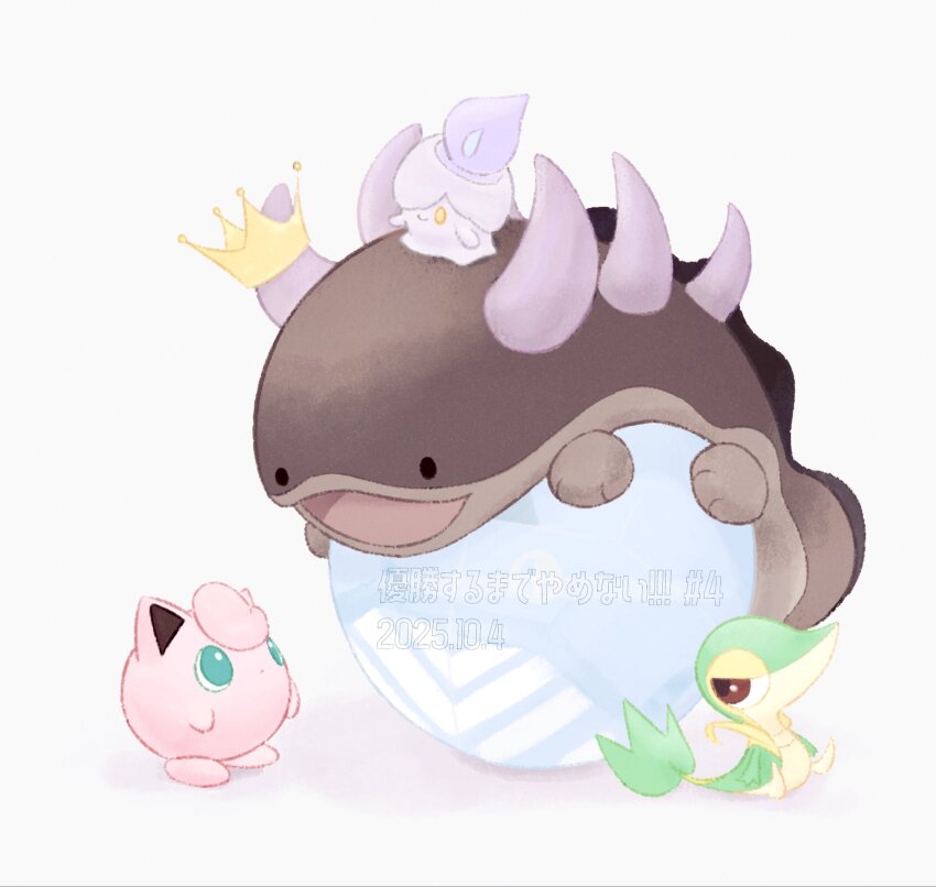 ball blue_eyes blue_fire candle clodsire closed_mouth crown fire fireblast gen_1_pokemon gen_5_pokemon green_eyes highres jigglypuff litwick nintendo no_humans on_ball open_mouth pokemon pokemon_(creature) pokemon_focus purple_fire red_eyes smile spines tail yellow_eyes