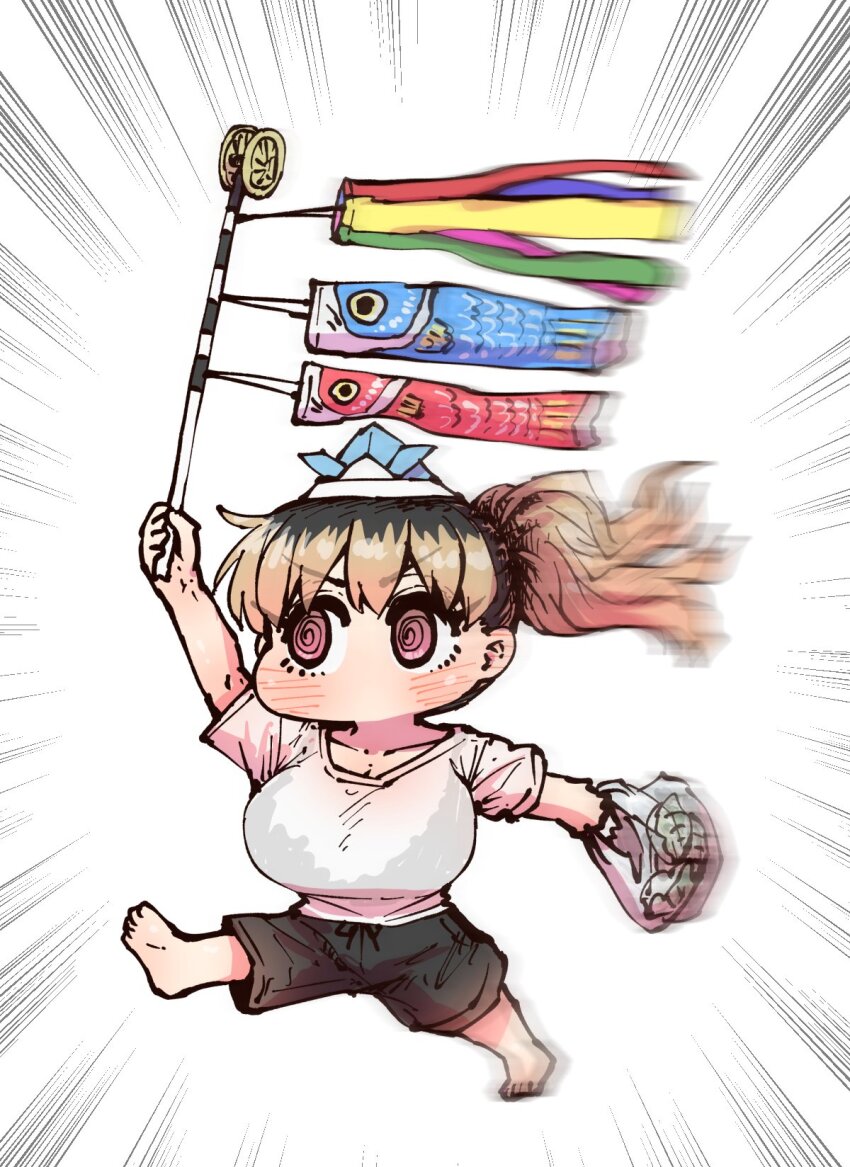 1girl @_@ bag black_hair black_shorts blonde_hair blush breasts chibi commentary food grocery_bag hat highres holding kashiwa_mochi_(food) kinjo_no_hito_no_nakimushi kodomo_no_hi koinobori large_breasts long_hair may mochi multicolored_hair no_mouth ochiai_(kinjo_no_hito_no_nakimushi) paper_hat paper_kabuto ponytail roots_(hair) shirt shopping_bag shorts solo two-tone_hair white_background white_shirt windsock zyugoya