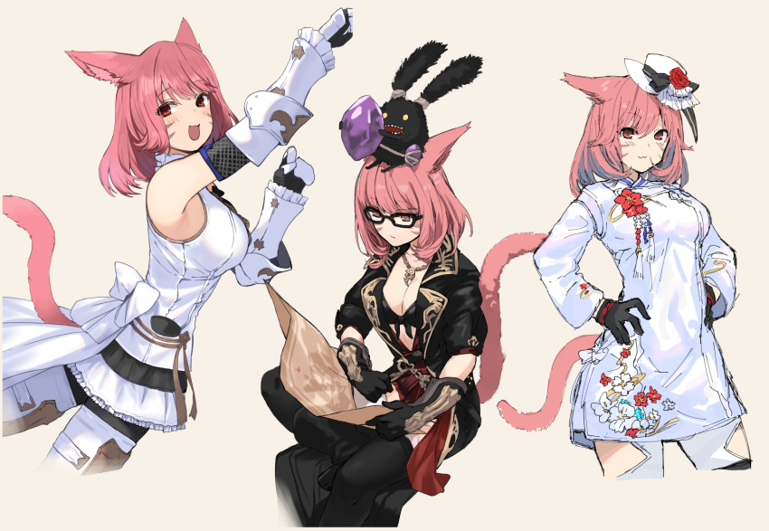 :3 animal animal_ears animal_on_head arm_up black-framed_eyewear black_gloves breasts brown_background cat_ears cat_tail cleavage clothing_cutout cropped_legs facial_mark final_fantasy final_fantasy_xiv front-tie_top ganesagi gauntlets gloves hands_on_own_hips hat highres holding holding_map japanese_clothes jewelry map miqo&#039;te multiple_views necklace on_head original pink_hair red_eyes shirt short_hair simple_background sleeveless sleeveless_shirt spriggan_(final_fantasy) tail thigh_cutout warrior_of_light_(ff14) white_hat