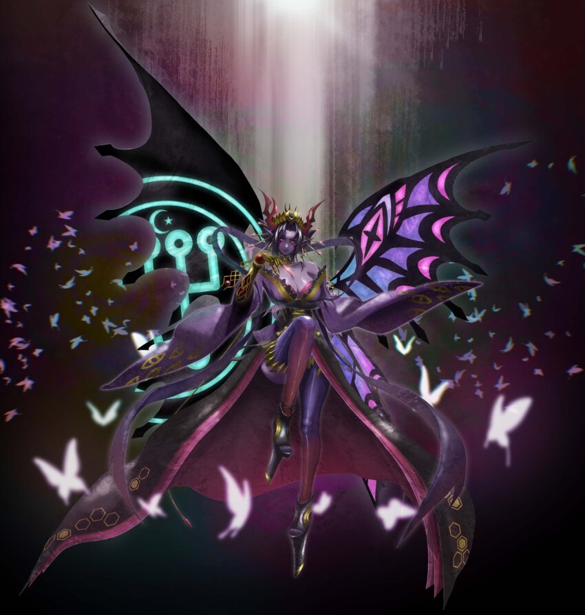 1girl absurdres bare_shoulders bikiciki black_hair black_wings breasts bug butterfly butterfly_wings cleavage colored_skin demon_girl demon_horns digimon digimon_(creature) facial_mark full_body highres horns insect insect_wings japanese_clothes kimono large_breasts lilithmon lilithmon_x-antibody off_shoulder purple_kimono purple_lips purple_skin purple_thighhighs purple_wings solo thighhighs wide_sleeves wings yellow_eyes