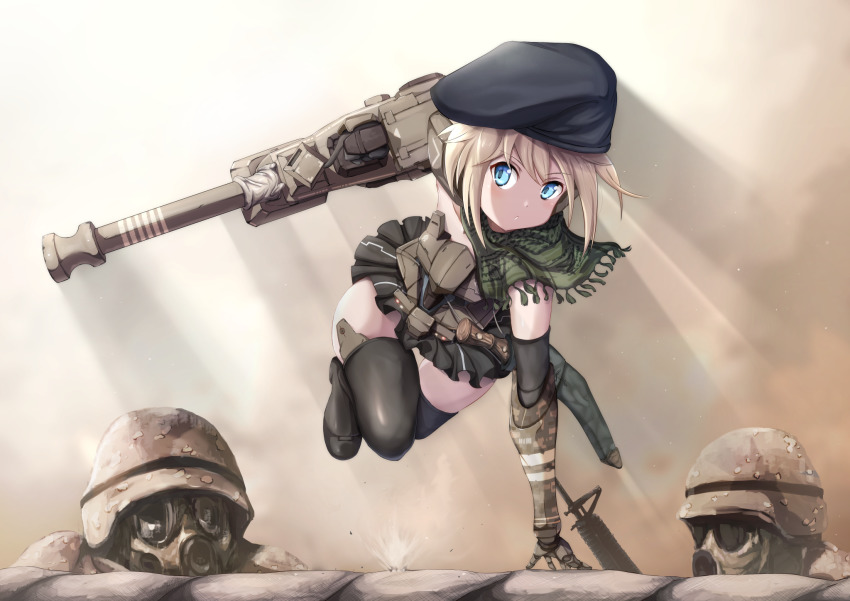 1girl 2others arm_support armor backlighting beret black_boots black_hat black_skirt blonde_hair blue_eyes boots brown_hat brown_sky camouflage cannon commentary dai_toro day female_focus frame_arms_girl fringe_trim gas_mask gourai green_scarf gun hat helmet highres holding holding_weapon jumping knife light_particles looking_at_another looking_at_viewer machine_gun mask mecha_musume mechanical_arms microskirt multiple_others outdoors parted_lips sandbag scarf short_hair skirt solo solo_focus sunlight thigh_boots thighhighs weapon