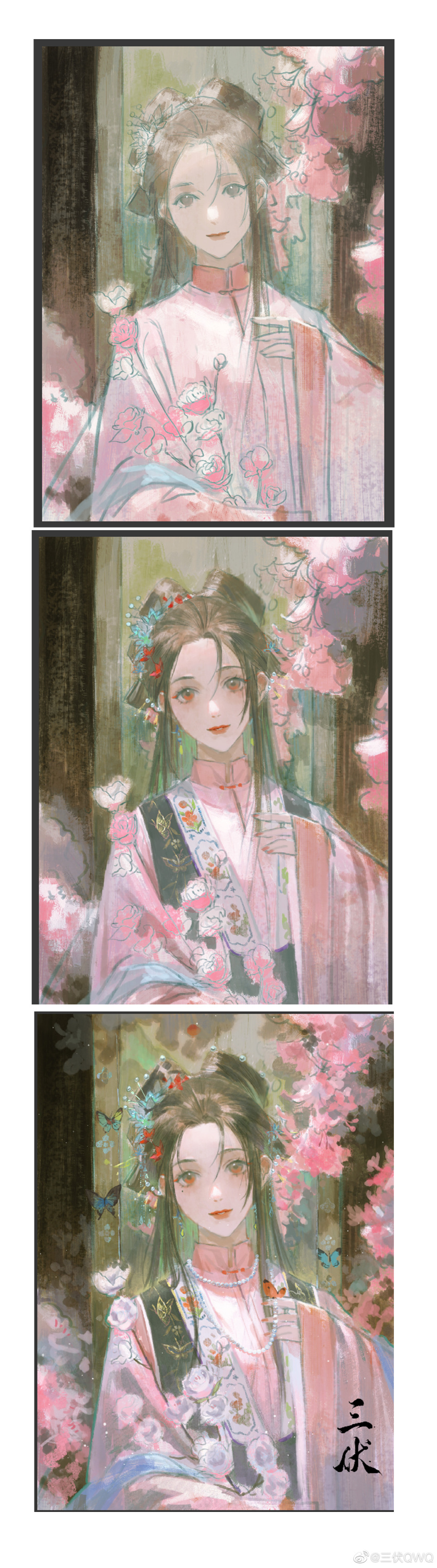 1girl absurdres bead_necklace beads black_shawl blue_butterfly branch brown_hair bug butterfly butterfly_on_hand cherry_blossoms chinese_clothes colored_inner_hair doorway double_bun earrings eyeliner flower green_hair hair_beads hair_bun hair_ornament hanfu happy highres holding holding_branch insect jewelry light_blush light_particles lipstick long_hair long_sleeves makeup making-of mandarin_collar mole mole_under_eye multicolored_hair nail_polish necklace orange_butterfly original parted_lips pink_flower pink_hanfu red_eyeliner red_eyes red_lips red_nails sanfu_qwq shade shawl sidelocks signature smile solo straight_hair upper_body watermark weibo_watermark wide_sleeves
