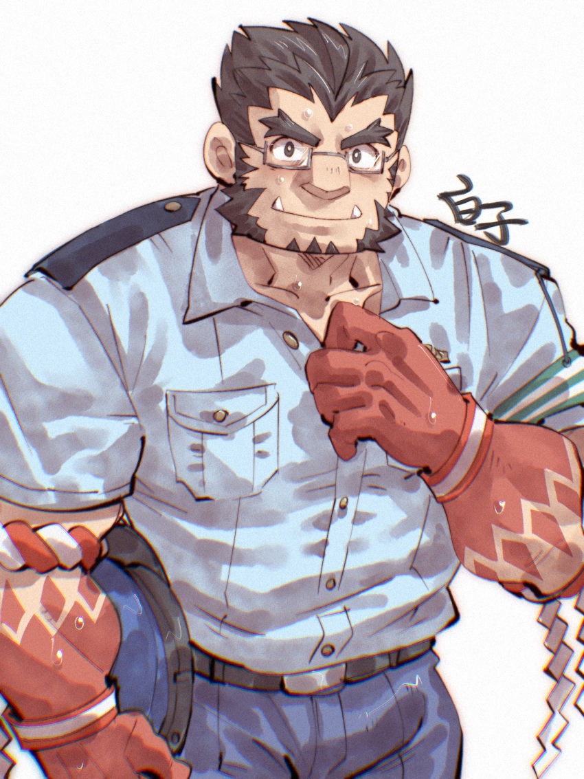 1boy bara blush colored_skin cowboy_shot facial_hair forked_eyebrows glasses hachimaki headband highres hot large_pectorals looking_at_viewer male_focus mature_male muscular muscular_male mutton_chops nejiri_hachimaki official_alternate_costume partially_unbuttoned pectorals police police_uniform policeman red_skin sanpaku shirako_(kirupi) shirt_tucked_in short_hair smile solo sweat tajikarao_(housamo) thick_eyebrows tokyo_houkago_summoners tusks
