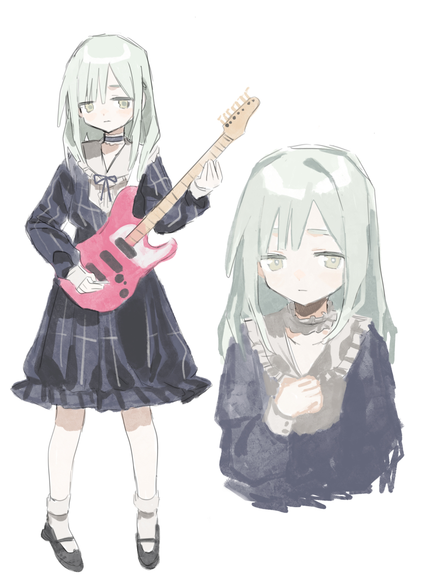 1984_(cw1000110) 1girl absurdres bang_dream! bang_dream!_it&#039;s_mygo!!!!! black_choker blue_dress chinese_commentary choker commentary_request dress electric_guitar frilled_choker frills green_hair guitar hair_ornament hairclip highres holding holding_guitar holding_instrument instrument long_hair long_sleeves multiple_views socks wakaba_mutsumi white_socks yellow_eyes
