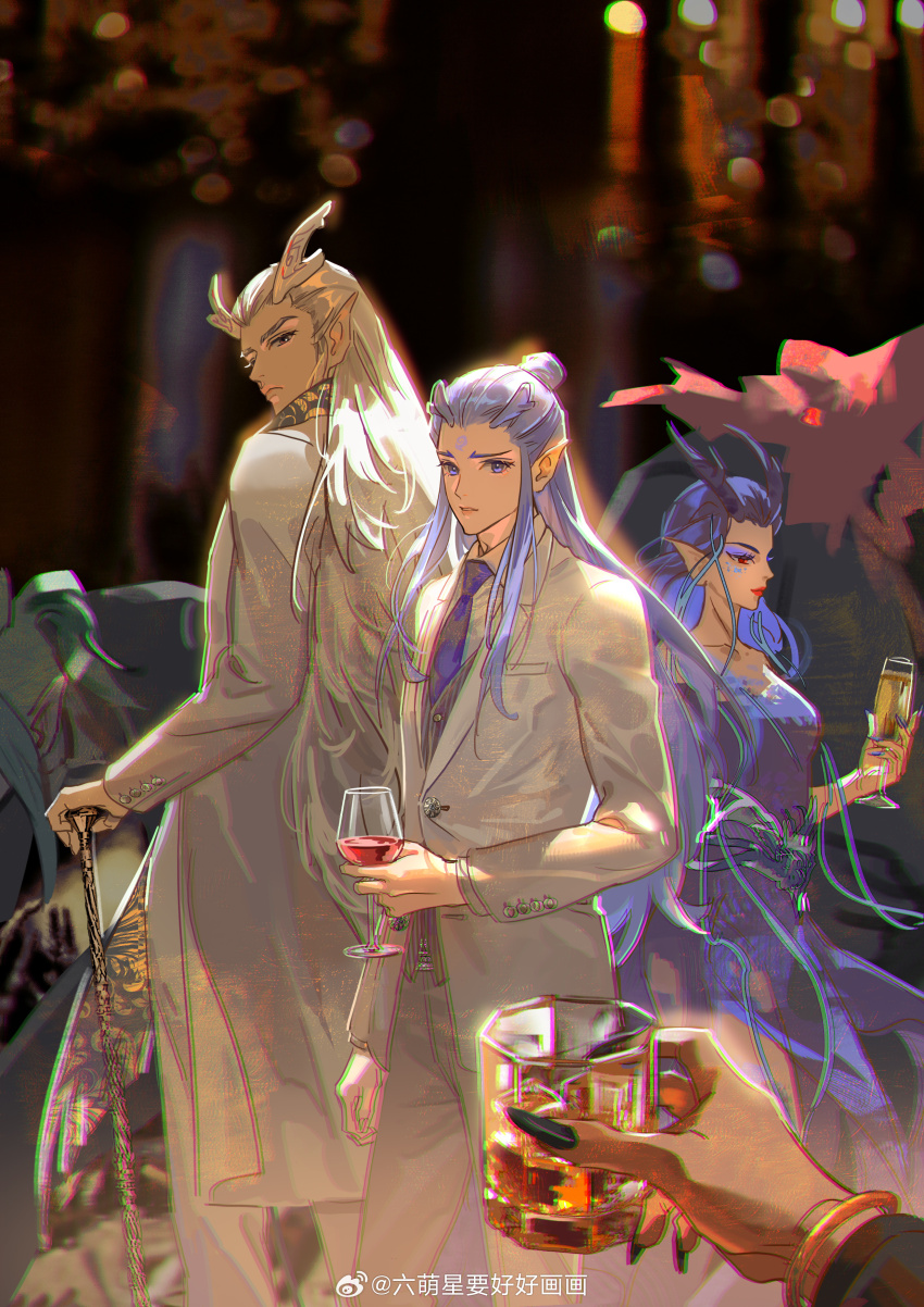 absurdres ao_bing_(nezha_zhi_motong_jiangshi) ao_guang_(nezha_zhi_motong_jiangshi) ao_run_(nezha_zhi_motong_jiangshi) blue_dress blue_hair dragon_boy dragon_girl dragon_horns dress father_and_son fingernails formal_clothes highres horns long_hair nezha_(nezha_zhi_motong_jiangshi) nezha_zhi_motong_jiangshi sharp_fingernails suit very_long_hair weibo_1530415803 white_hair white_suit