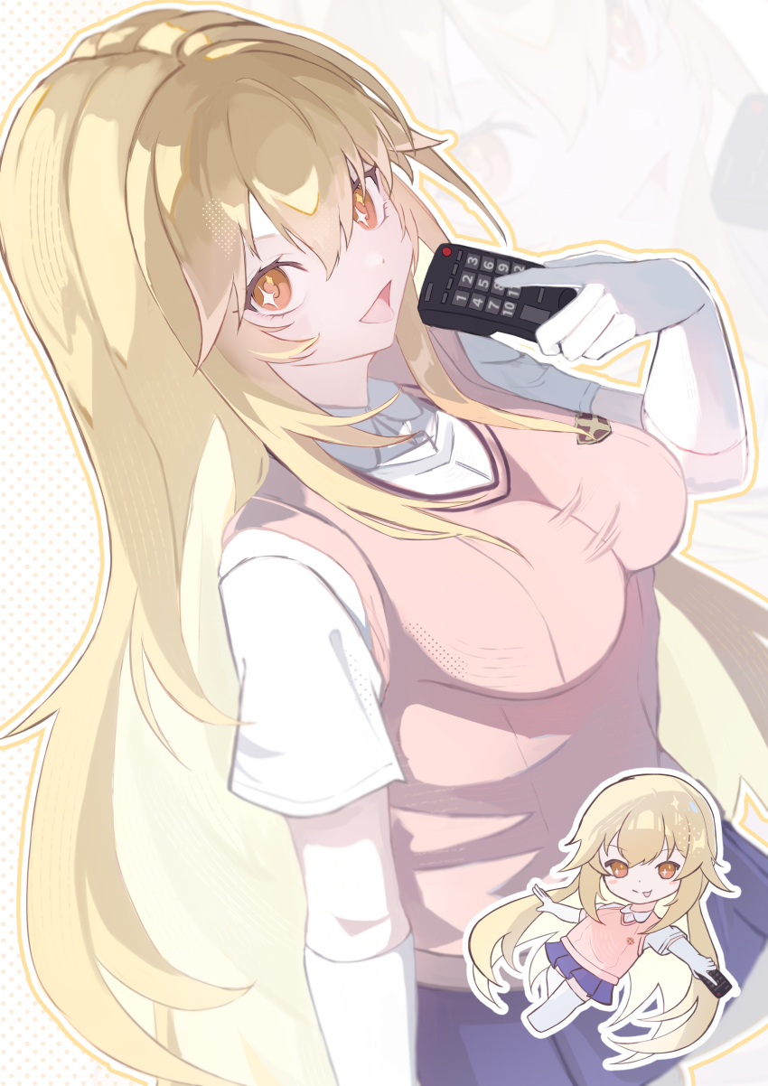 1girl :d absurdres blonde_hair breasts brown_sweater_vest chibi chibi_inset collared_shirt commentary_request controller elbow_gloves gloves grey_skirt hair_between_eyes highres holding holding_remote_control large_breasts long_hair looking_at_viewer miniskirt open_mouth pleated_skirt remote_control school_emblem school_uniform shirt shokuhou_misaki short_sleeves skirt smile sparkling_eyes summer_uniform sweater_vest thighhighs toaru_kagaku_no_mental_out toaru_kagaku_no_railgun toaru_majutsu_no_index tokiwadai_school_uniform user_pjhe7325 v-neck very_long_hair white_background white_gloves white_shirt white_thighhighs yellow_eyes