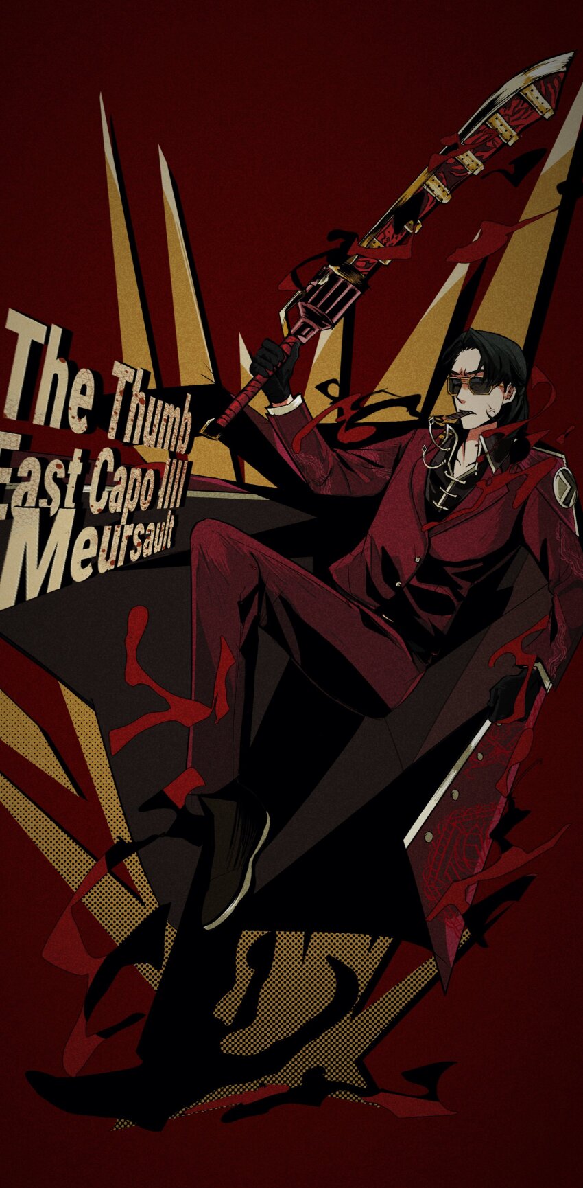 05_soleil absurdres atmospheric_perspective ben-day_dots black_gloves black_hair blood blood_splatter cigar clenched_hand coat collarbone collared_shirt english_text facial_tattoo floating_cape full_body gloves hand_up high_collar highres holding holding_sword holding_weapon knee_up limbus_company meursault_(project_moon) project_moon red_coat screentones shirt smoking sunglasses sword tattoo thumb_(identity)_(project_moon) weapon wolf_cut