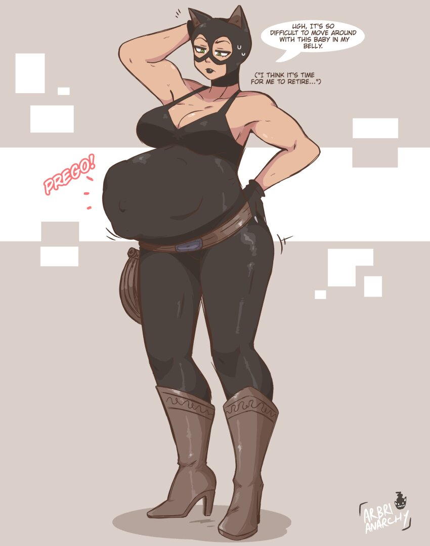 1girl absurdres arbrianarchy artist_name batman_(series) belly big_belly boots catwoman commentary dc_comics english_commentary english_text high_heel_boots high_heels highres navel outie_navel pregnant solo speech_bubble