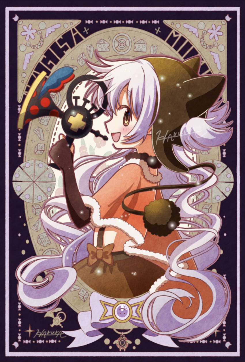 1girl :d animal_ear_headwear animal_ears art_nouveau artist_name beanie blush bow brown_bow brown_hat brown_skirt candy_wrapper cape capelet cat_symbol character_name cheese commentary_request elbow_gloves fake_animal_ears fingerless_gloves food fur_trim gloves hat highres holding holding_instrument holding_trumpet instrument long_hair looking_at_viewer mahou_shoujo_madoka_magica mahou_shoujo_madoka_magica:_hangyaku_no_monogatari momoe_nagisa momoe_nagisa_(magical_girl) open_mouth orange_eyes pom_pom_(clothes) purple_bow purple_hair red_cape red_capelet sideways_glance signature skirt smile solo suspender_skirt suspenders trumpet yae_harura