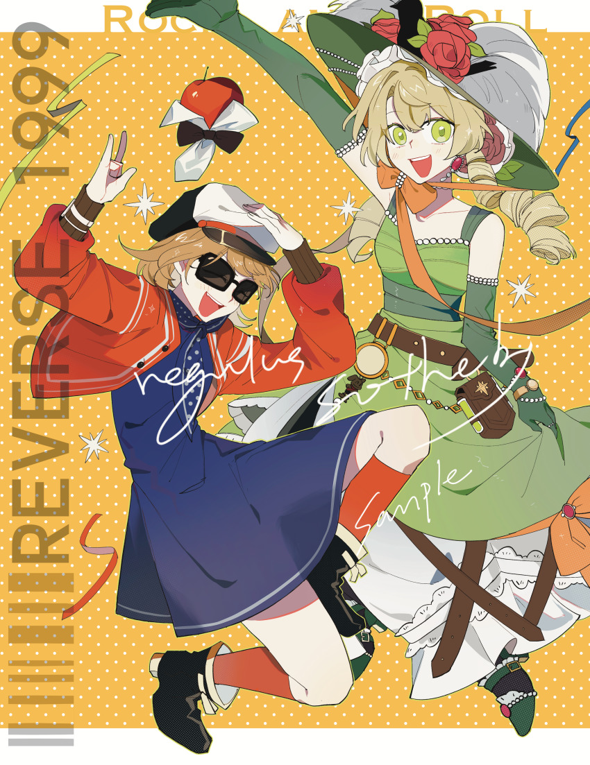2girls :d absurdres ankle_boots apple apple_(reverse:1999) arm_up arms_up bare_shoulders belt belt_pouch black_bow black_bowtie black_footwear blonde_hair blue_dress blue_neckerchief bobodoki boots bow bowtie brown_belt brown_hair newsboy_cap character_name chin_strap copyright_name cover cover_page dress drill_hair elbow_gloves flower food fruit gloves green_dress green_eyes green_footwear green_hat grey_gloves hand_on_headwear hat hat_feather hat_flower highres jacket jumping knee_up long_dress long_sleeves looking_at_viewer low_twintails multiple_girls neckerchief open_clothes open_jacket open_mouth orange_bow polka_dot polka_dot_background polka_dot_neckerchief pouch red_jacket red_socks regulus_(reverse:1999) reverse:1999 sample_watermark short_dress short_hair skirt_hold sleeveless sleeveless_dress smile socks sotheby sun_hat sunglasses traditional_bowtie twin_drills twintails watermark yellow_background