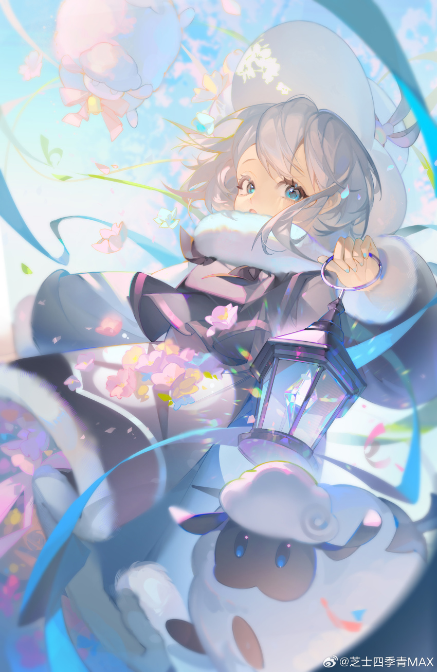 1girl :o absurdres black_capelet black_dress blue_eyes blue_nails blue_ribbon blurry capelet cherry_blossoms child confetti cookie_run cookie_run:_kingdom cotton_cookie dappled_sunlight day depth_of_field dress falling_flower falling_petals feet_out_of_frame flower fur-trimmed_dress fur-trimmed_sleeves fur_scarf fur_trim glowing hair_between_eyes hat highres holding holding_lantern humanization lantern long_sleeves looking_at_viewer nail_polish petals pink_flower ribbon sheep short_hair sideways_glance solo standing streamers sunlight watermark weibo_watermark white_hair white_hat zhishi_siji_qing_max