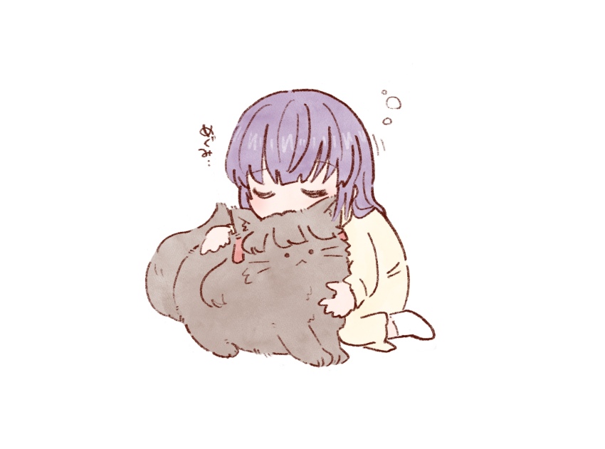 ._. 1girl :&lt; animal animal_hug animalization cat commentary_request dress fujishima_megumi hair_down highres link!_like!_love_live! long_dress long_hair long_sleeves love_live! mashikaku_(ma4kaku10fu) motion_lines otomune_kozue otomune_kozue_(summer_loungewear) purple_hair sidelocks simple_background squeans translation_request two_side_up white_background white_dress