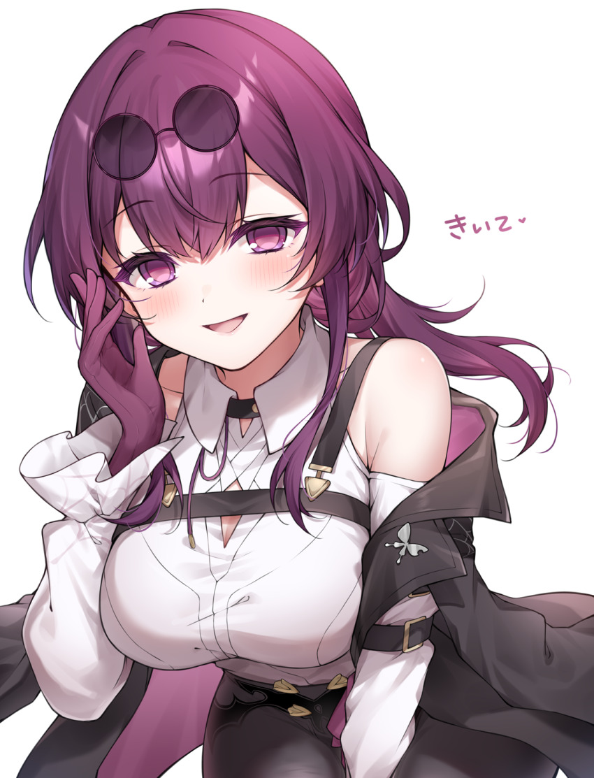 1girl black_jacket black_shorts breasts chest_harness cleavage clothing_cutout commentary cowboy_shot english_commentary eyewear_on_head glasses gloves hair_between_eyes hand_up harness highres honkai:_star_rail honkai_(series) jacket jacket_on_shoulders kafka_(honkai:_star_rail) large_breasts leaning_forward long_hair long_sleeves looking_at_viewer no_pupils open_mouth pince-nez purple_eyes purple_gloves purple_hair shirt shorts shoulder_cutout simple_background single_off_shoulder smile solo sunglasses translation_request white_background white_shirt zky_(oekaky)